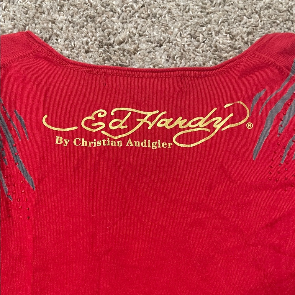 Ed Hardy by Christian Audigier tattoo art Red and Gray Long Sleeve Top - Picture 8 of 9